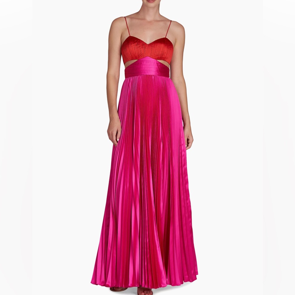 Amur Elodie Satin Colorblock Pleated Gown Red Rose Magenta